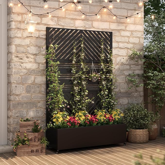 Metal Raised Garden Bed with Trellis & Wheels,70" x 47"x 15.7" Planter Box with Trellis,Privacy Planters for Patio,Garden Bed for Climbing Plants,Suitable for Climbing Plants and Vegetables,Black