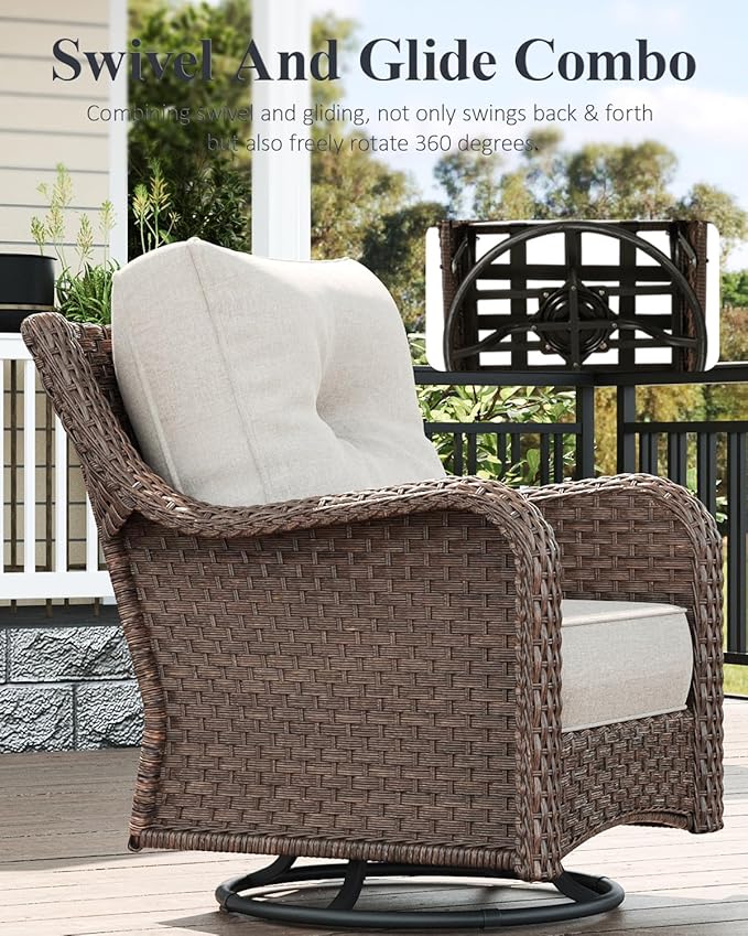 LayinSun 3 Piece Wicker Outdoor Furniture Set with 6-inch Comfy Cushions, High Back Patio Furniture Set with Swivel Rocking Chairs and Side Table