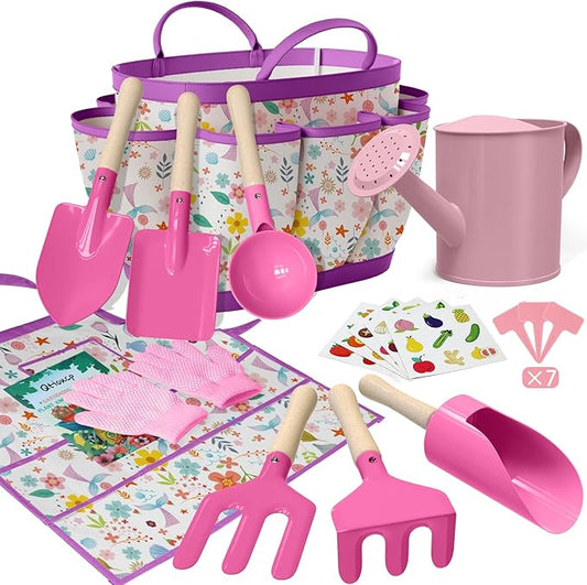 Kids Gardening Set 14Pcs Gardening Tools for Kids with Tote Bag,Watering Can, Shovel, Apron, Garden Book and More Educational STEM Learning Outdoor for Toddlers Boys Girls (Mermaid Rose Red)