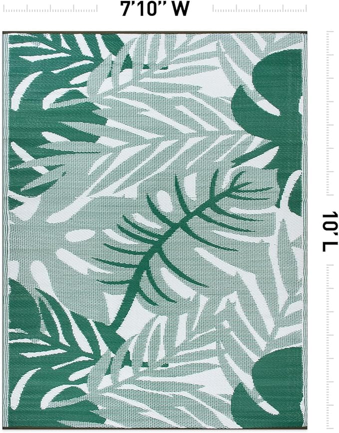 Rugshop Tropical Leaf Reversible Crease-Free Waterproof Premium Recycled Plastic Outdoor Rugs for Patio,Backyard,RV,Deck,Picnic,Trailer,Beach,Camping,Sunroom Green 7'10" x 10'