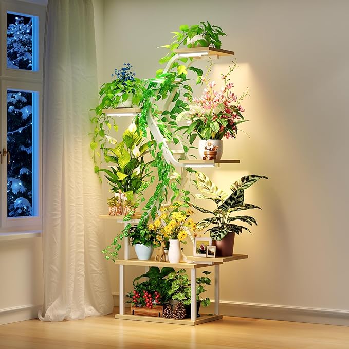 White Plant Shelves with Grow Lights: 7-Tier 65" Tall Stand for Indoor Corners, Living Room Display or Bedroom Gardening Rack