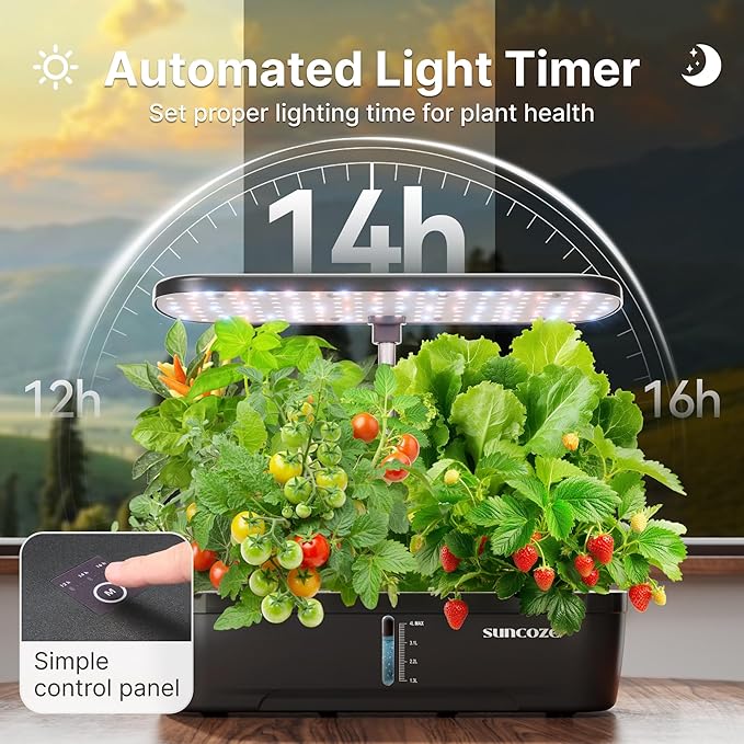 SUNCOZE Hydroponics Growing System Kit 12 Pods, Indoor herb Garden with 20W LED Grow Light, Visible Water Tank with Pump, 2.2"-12.4" Adjustable Height Indoor Gardening System, Gardening Gifts, Black