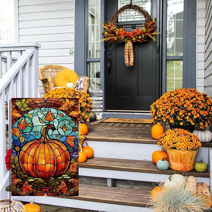 Fall Stain Glass Style Garden Flag 12 x 18 Inch Vertical Double Sided Fall Pumpkin Maple Leaves Small Yard Flag, Thanksgiving Autumn Harvest Holiday Outdoor Decoration