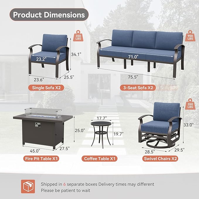 Kurapika Aluminum Patio Furniture Set 10-Seat Modern Metal Outdoor Conversation Sets w/45in Propane Fire Pit Table, Swivel Rocking Chairs Patio Sectional Sofa w/5.1 Inch Cushion, Navy Blue
