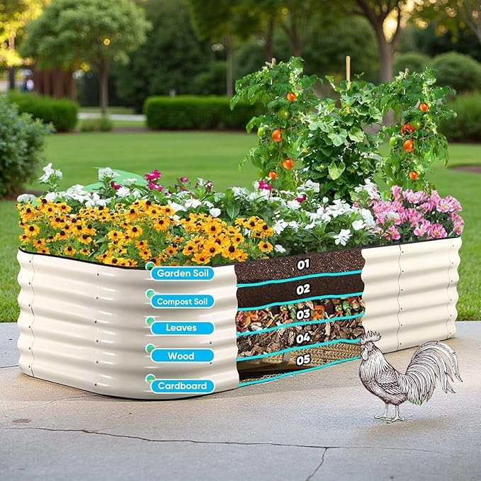 Galvanized Steel Raised Garden Bed 8x2ft Oval - 17" Tall 9-in-1 Modular Planter Box for Vegetables/Flowers, Rust-Proof Metal Outdoor Planters Rubber Edging (White)