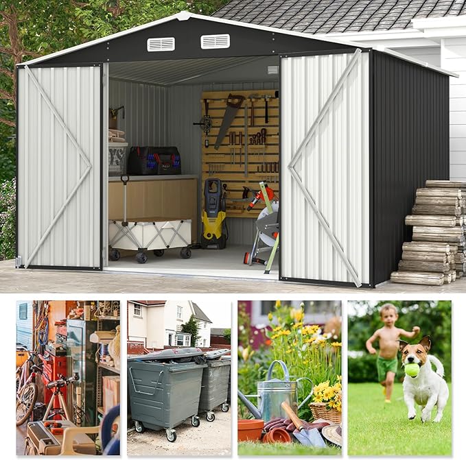 Aoxun 10 x 8FT Outdoor Storage Shed with Double Hinged Large Door Utility Garden Shed with Lockable Door & Sloped Roof Metal Sheds Outdoor Storage for Garden, Backyard, Patio and Backyard, Black