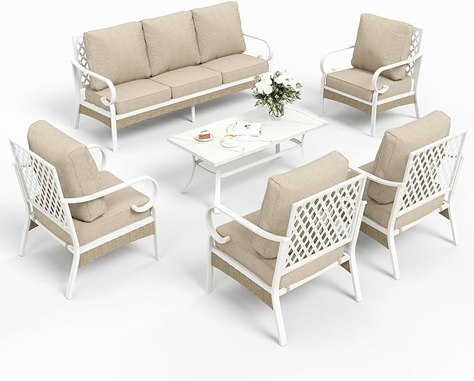 6 Piece Metal Outdoor Patio Furniture Set, Patio Conversation Sets 1 3-seater Sofa, 4 Single Sofa with 5.75" Extra Thick Cushion and Coffee Table, White Frame Backyard Furniture, Beige