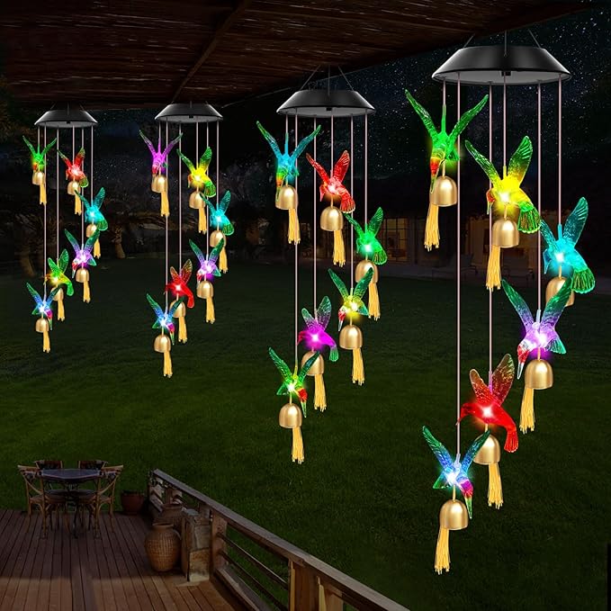 Solar Wind Chimes Outdoor Color Changing Lights, Gift for Women Mom Grandma Sister Best Gifts, Wind Chimes Unique Outdoor Garden Yard Decor (Green Hummingbird Bell)