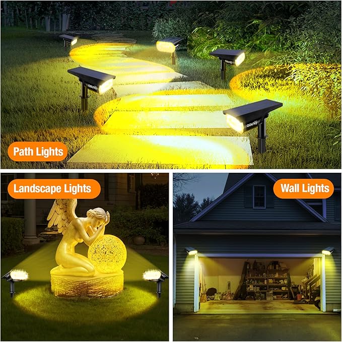 4 Pack Solar Spot Lights Outdoor 1000 Lumens, 64 LEDs IP67 Waterproof Landscape Lighting with 4 Modes - 2-in-1 Solar Spotlight & Pathway Light for Garden, Yard, Patio Decor, Warm White