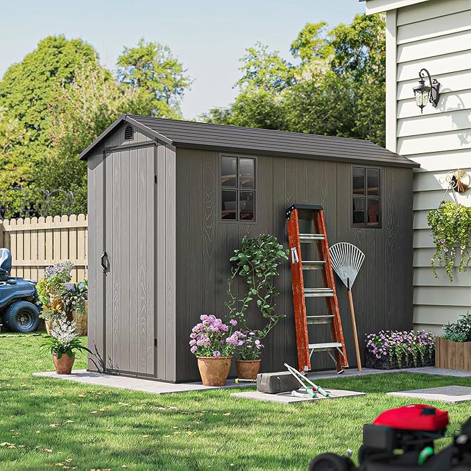 Patiowell 4 x 8 FT Plastic Outdoor Storage Shed with Floor, Garden Tool Shed with Two Windows and Single Lockable Door for Garden, Backyard, Lawn, Easy to Install (Deep Grey) (Fit-it Shed)