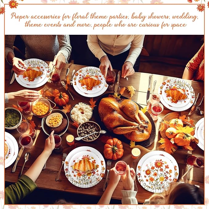 Mumufy 100 Pack Fall Floral Paper Plates 9" & 7" Disposable Autumn Orange Wildflower Cake Dessert Plates Watercolor for Dinner Harvest Wedding Baby Shower Birthday Fall Tea Party Decoration Supplies