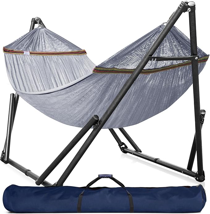 Tranquillo Universal Double Hammock with Stand Included for 2 Persons/Foldable Hammock Stand 600 lbs Capacity Portable Case - Inhouse, Outdoor, Camping, Grey