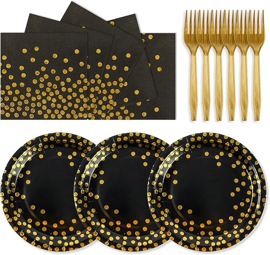 75PCS Paper Plates and Napkins Set - Black and Gold Dot Disposable Party Dinnerware Includes Paper Plates, Napkins, Forks Decorations for 2025 Graduations, Birthdays and Weddings, Serves 25
