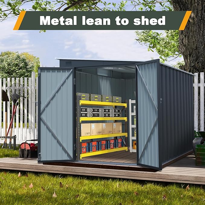 6x8FT Outdoor Storage Shed with Lockable Double Doors, Metal Lean to Garden Shed with Free PC Light Board for Tools, Small Outside Storage Shed Waterproof for Backyard, Patio, Gift for Dad