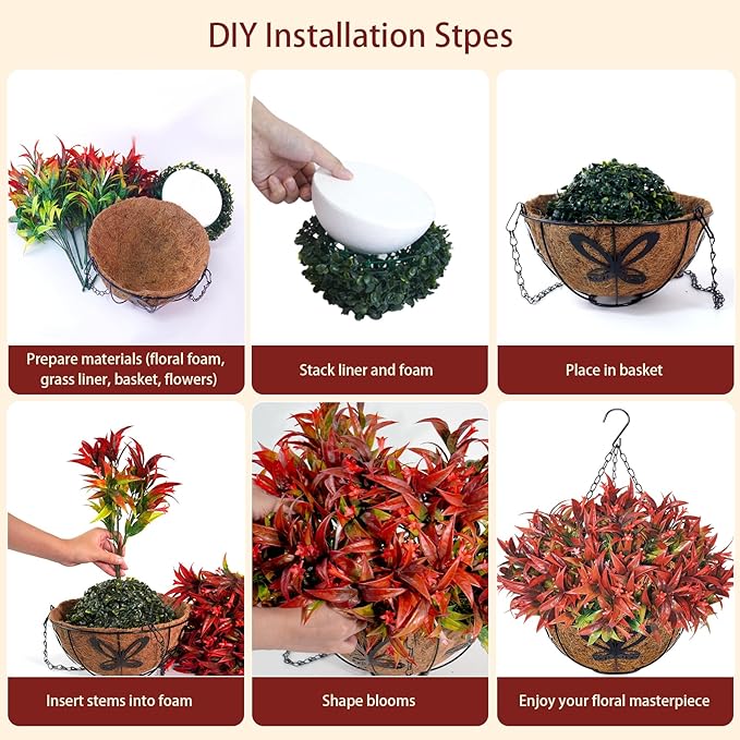 Uieke Artificial Hanging Flowers for Outdoors with Hanging Basket, 22.8" 10pcs UV Resistant Fall Faux Flowers, Fake Hanging Plants for Autumn Garden Porch Patio Balcony Decoration