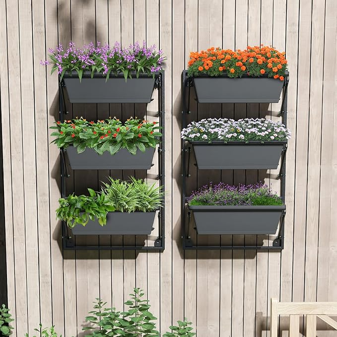 Giantex Vertical Raised Garden Bed, Hanging & Wall-Mounted Planter Garden Boxes, Adjustable Shelf & Detachable Hooks, 3-Tier Railing Raised Beds for Flower Strawberry Vegetable