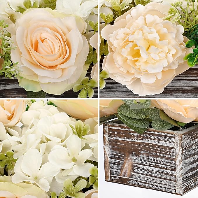 DILATATA Flower Arrangement with Wooden Vase 14" Artificial Flowers in Pot - Fake Flowers Roses Peonies Hydrangeas in Wooden Vase Potted Flower Centerpieces for Table Decor Living Room - Pale Yellow