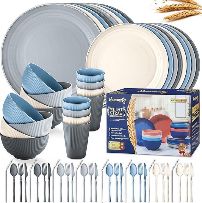 Wheat Straw Dinnerware Sets,64-Piece Plates and Bowls Sets for 8-Unbreakable,Reusable Plastic Dish Set-Dinner Plate/Dessert Plate/Cereal Bowl/Cup/Utensils-Microwave Dishwasher Safe 64P-Seaside color