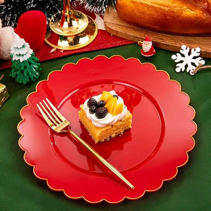 SUT 72 Pcs Red Plates Disposable, Red Plastic Plates With Gold Trim, 10.25 Inch Red Dinner Plates, Fancy Plastic Plates, Plates Disposable Heavy Duty for Wedding, Parties, Banquets