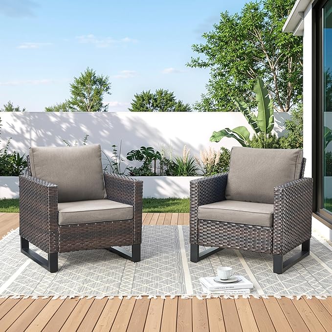Wicker Outdoor Patio Chairs Set of 2-High Back Rattan Patio Club Chairs with Thickened Cushions Wide Armrest All Weather Patio Furniture Set for Deck Porch Balcony(Brown/Grey)