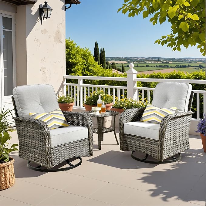 3-Piece Swivel Rocking Rattan Chair Outdoor, Patio Bistro Furniture Conversation Set, Wicker Chair with Coffee Table Grey