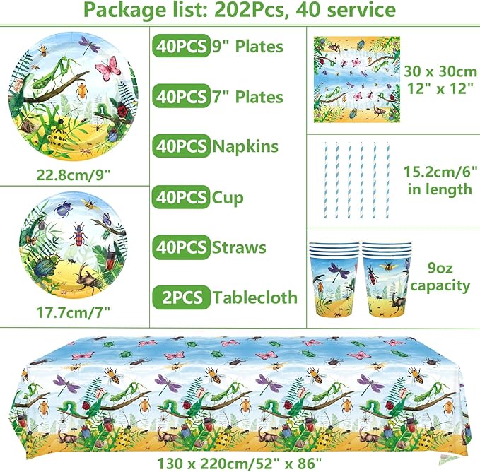 Insect Party Supplies - Bugs Party Tableware - Dinner Plates Desserts Plates Cups Napkins Bugs Insect Tablecover Straws for Class Office Garden Reptile Baby Shower Decorations, Serves 40