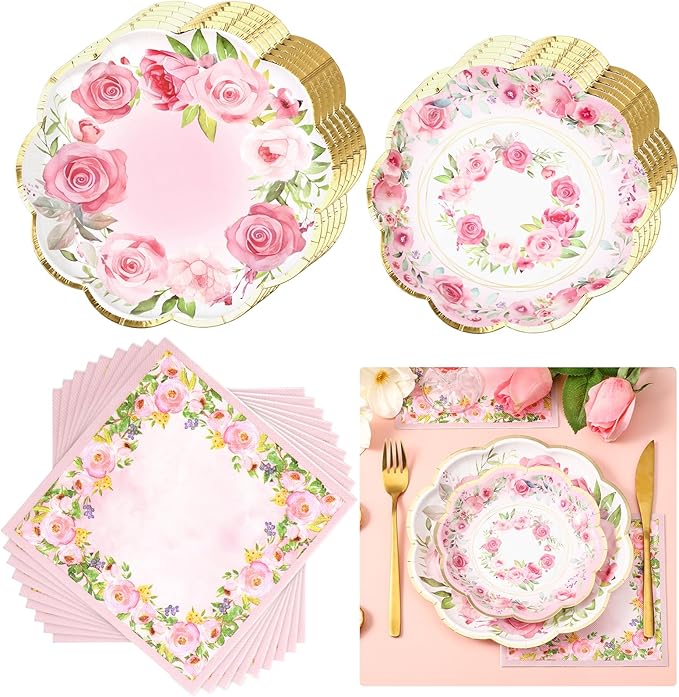 Tanlade 96 Pcs Pink Floral Plates and Napkins Serve 24, Disposable flower Paper Scalloped Dinner Plates 2 Ply Paper Napkins for Wedding Birthday Decorations Party Supplies