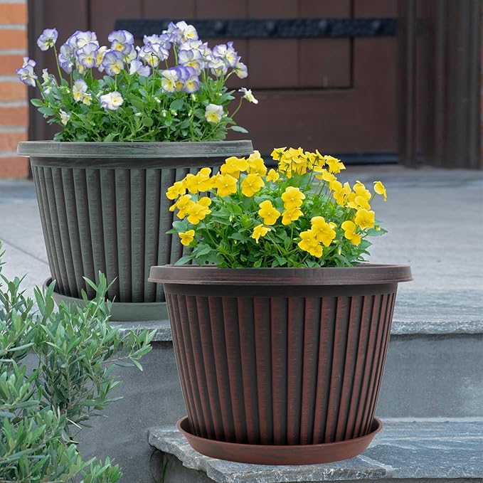Large-Planter-Indoor-Outdoor Plant Pots, 12 inch 4 Pack Plastic Flower Pots with Saucer and Drainage Holes, Modern Garden Planters for Planting Medium Large Plants， Decorative Resin Garden Pots