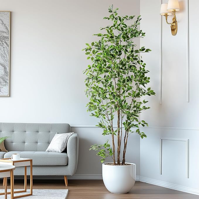 Artificial Ficus Tree Indoor 8ft, Large Potted Faux Tree with Realistic Silk Leaves & Trunk for Home Office, Living Room Corner Decor