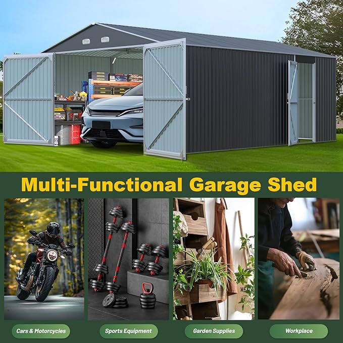 Metal Garage Shed 20x13 FT, Sheds & Outdoor Storage Clearance, Outdoor Storage Shed for Car, Truck, Bike, Lawnmower, Backyard Tool House Building 2 Doors and 4 Vents Dark Gray