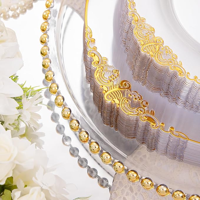 Hioasis 350pcs Clear and Gold Plastic Plates - Elegant Disposable Dinnerware Set Suitable for 50 Guests Include 10.25" Dinner & 7.5" Dessert Plates, Pre Rolled Silverware Set, Cups for Party & Wedding