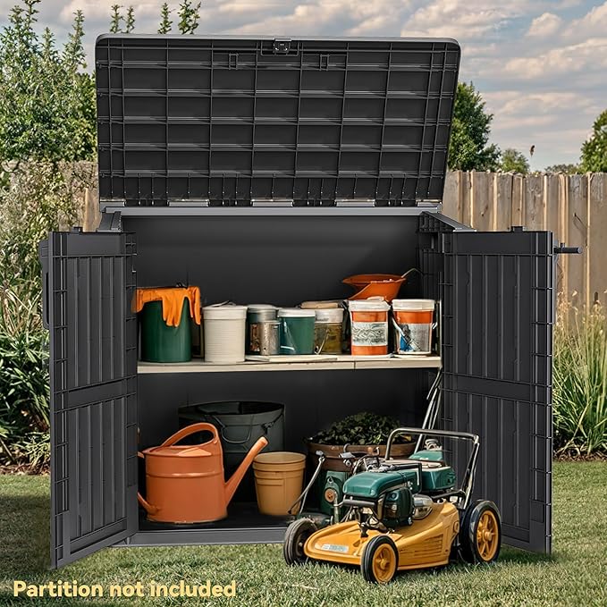 DWVO Tool Storage Shed, Storage for Bakcyard, Patio, and Garden, Resin Plastic Shed with Sloped Lid, Lockable Door, and Wood Grain Finish, Black
