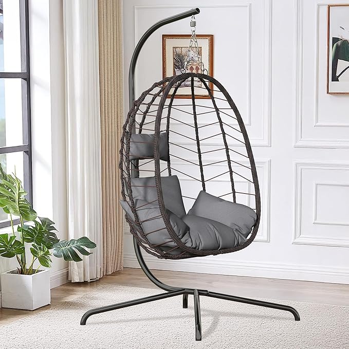 Hanging Egg Chair with Stand, Swinging Egg Chair Outdoor Indoor, Hanging Basket Chair with Cushion, Patio Wicker Hammock Chair 350lbs Capacity for Bedroom, Balcony, Backyard, Garden (Grey)