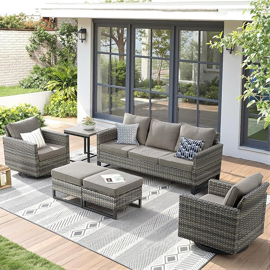 6 Pieces Patio Furniture Set-All Weather Outdoor Swivel Rocker Patio Chairs with Deep Seat Sofa Ottomans and Glass Side Table, Outdoor Conversation Sets for Garden Backyard Deck(Grey/Grey)