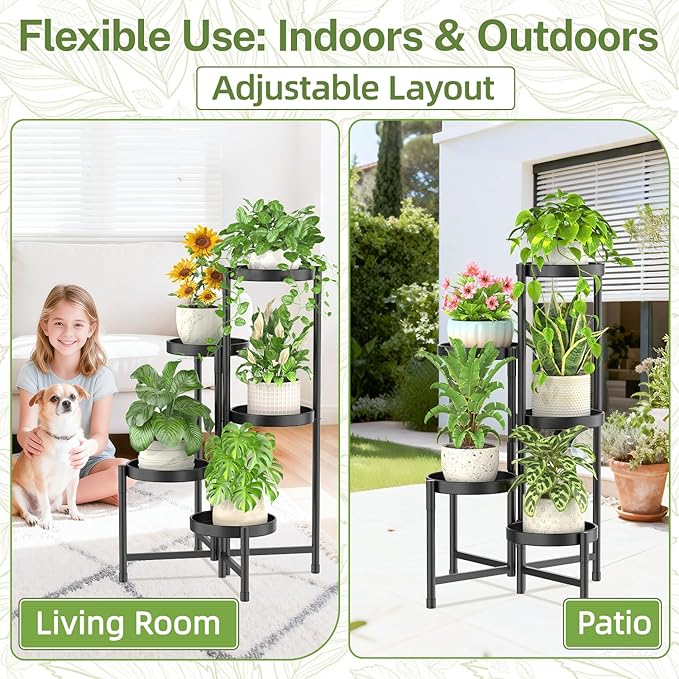 iDavosic.ly Plant Stand Indoor Outdoor, 5 Tier Corner Metal Flower Display Holder Shelf, Folding Tall Orchid Rack for Patio Balcony Porch Garden Living Room House, Black