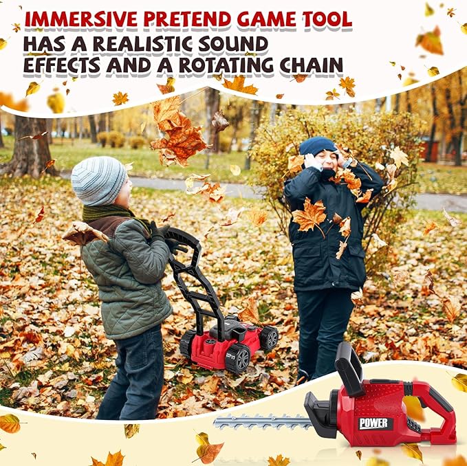 2 Pcs Toy Gardening Tool Set for Kids Toy Hedge Trimmer, Push Lawn Mower Battery Powered Gardening Tool Set with Lights and Sounds Gift for Boys Girls