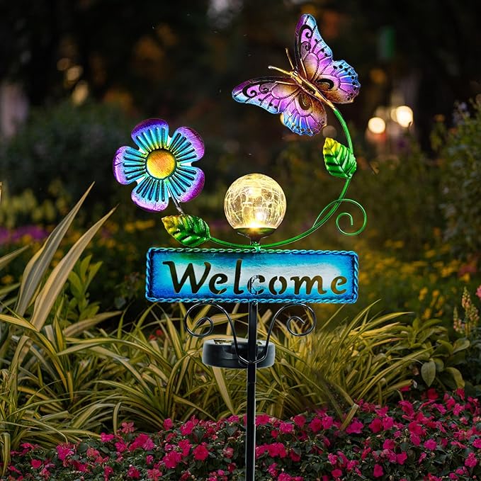 Outdoor Solar Garden Lights with Welcome Sign, Butterfly Ornament Metal Stake Lights for Lawn, Patio, Cracked Glass Balls, for Mom (Butterfly)