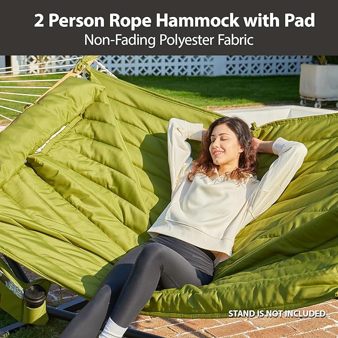 Outdoor Double Hammock with Hardwood Spreader Bars, Large Rope Hammock with Polyester Pad and Pillow, 475 LBS Capacity for 2 Person Patio Backyard Poolside - Green