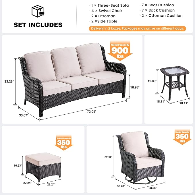 ovios 9 Pieces Patio Furniture Set, Outdoor Wicker Sofa Couch with Swivel Chairs Ottomans Comfy Cushions, All Weather High Back Modern Conversation Sets, Brown Rattan, Beige