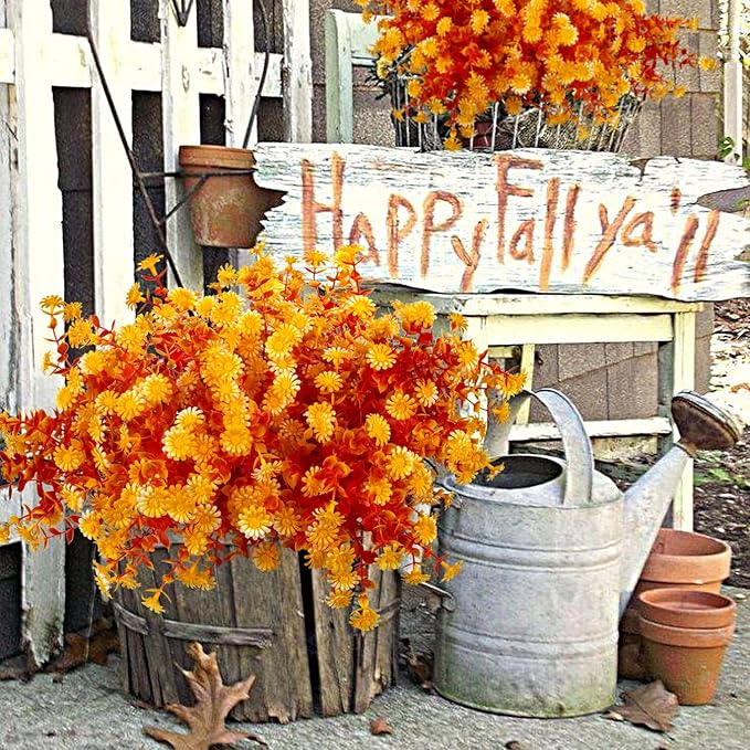 12 Bundles Artificial Fall Flowers for Outdoors Fake Plants - Faux Outside Greenery Boxwood No Fade Plastic Shrubs Decor Farmhouse Home Garden Thanksgiving (Fall Yellow)