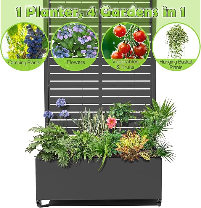 15.7"×70.9"×35.4" Metal Raised Garden Bed with Trellis and Wheels - Tall Trellis Planter Box for Climbing Plants, Vegetables & Vines - Outdoor Privacy Planters for Patio (Black-Louvered)