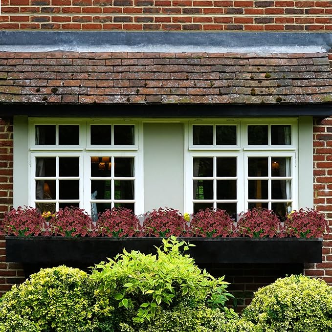 15 Bundles Artificial Flowers UV Resistant Outdoor Plants No Fade Faux Plastic Shrubs Fake Silk Flowers Window Box Garden Porch Home Decoration (Wine Red)