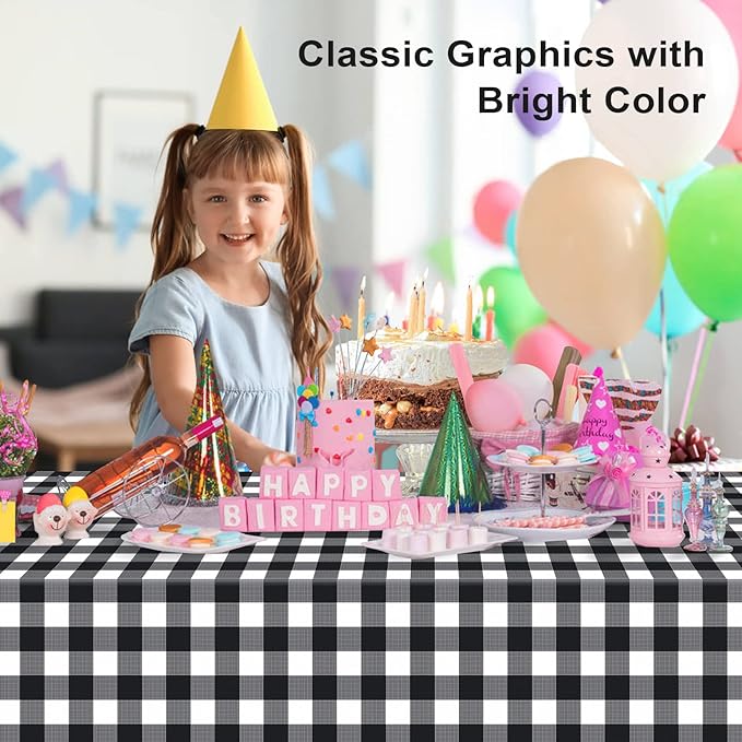 6 Pack Black and White Checkered Tablecloth, Black Plastic Table Cloths for Parties Disposable, 54 x 108 inch Waterproof Black Gingham Camping Tablecloth for Birthday, Party, Picnic, Halloween