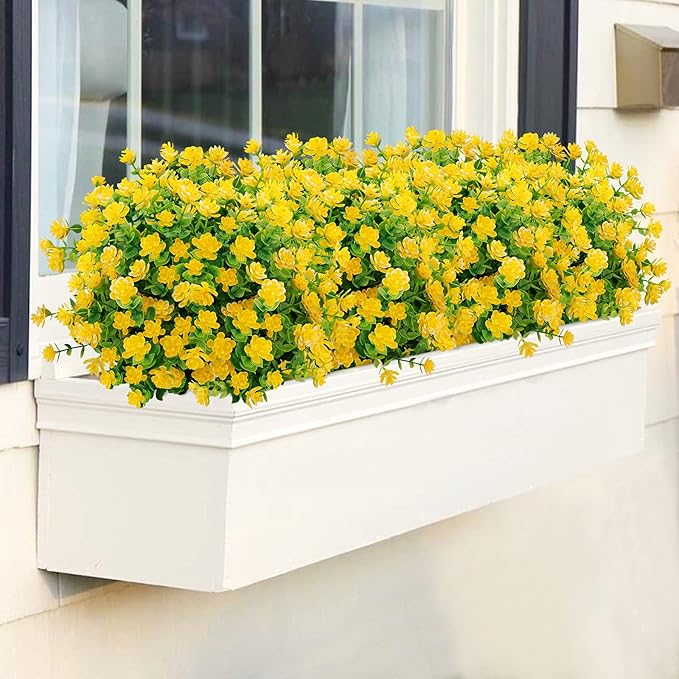 GREENRAIN Artificial Flowers Outdoor Fake Flowers for Decoration UV Resistant No Fade Faux Plastic Plants Garden Porch Window Box Décor (18 Bundles, 2#Yellow)