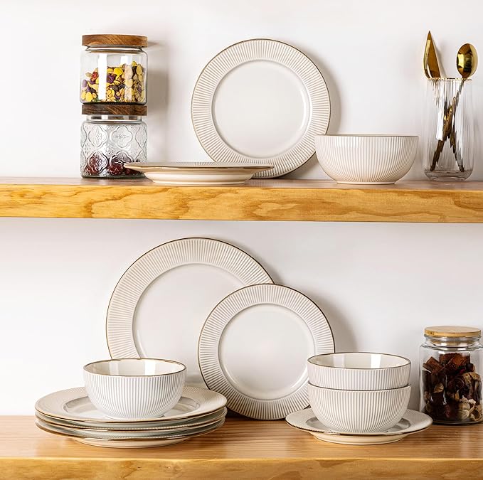GBHOME Ceramic Dinnerware Sets,12 pcs Embossed Elegant Stoneware Plates and Bowls Sets, Housewarming Wedding Gift | Dishwasher & Microwave Safe | Dishes Set Service for 4