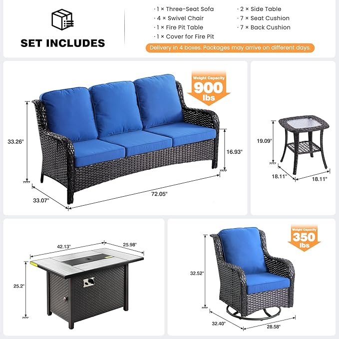 ovios 8 Pieces Patio Furniture Set, Outdoor Wicker Sofa Couch with Swivel Chairs 42" Fire Pit Table, All Weather High Back Modern Conversation Sets, Brown Rattan, Navy Blue