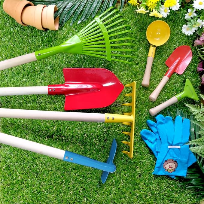 8PCS Kids Rake and Shovel Set, Yard Toys for Kids Ages 3-11, Include Colorful Long Rake, Shovel, Hoe, Leaf Rake, Garden Gifts for Children Outdoor Play