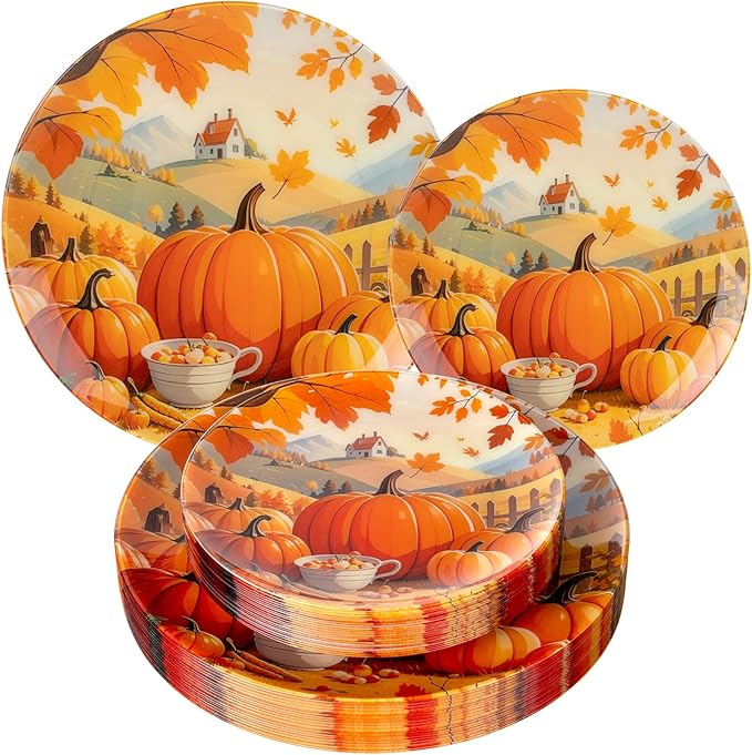 60PCS Thanksgiving Plastic Plates - Heavy Duty Fall Plastic Plates - Pumpkin Disposable Plates Include 30 Dinner & 30 Dessert Plate for Friendsgiving Party Holiday