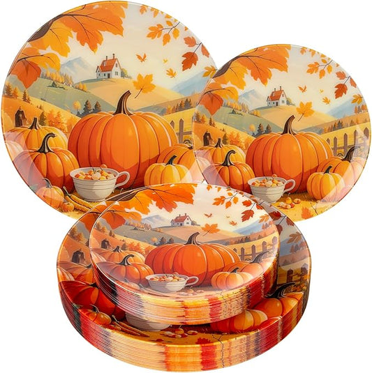 60PCS Thanksgiving Plastic Plates - Heavy Duty Fall Plastic Plates - Pumpkin Disposable Plates Include 30 Dinner & 30 Dessert Plate for Friendsgiving Party Holiday