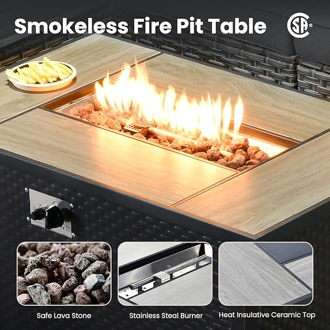 HOOOWOOO Outdoor Sectional Furniture Set with Fire Pit Table,9 Pieces Wicker Patio Conversation Sets,L Shape All Weather Outside Couch Sofa Set with Swivel Chairs Ottoman,Black